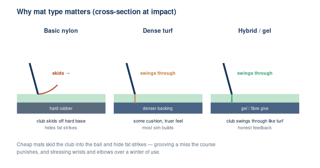 Golf simulator and range mat comparison diagram. Basic Nylon VS Dense Turf VS Hybrid/ Gel golf simulator mats.
