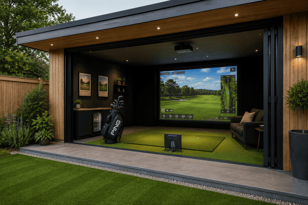 Illustration of a home golf simulator setup in a garage